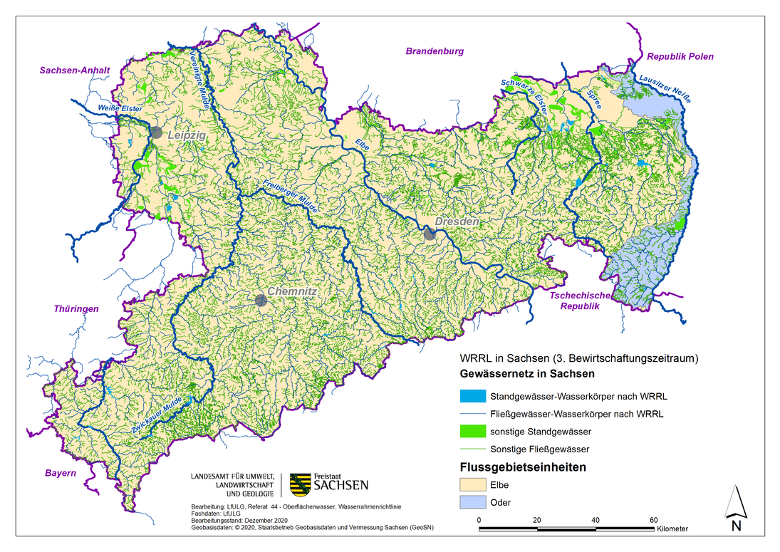 Karte Gewässernetz in Sachsen