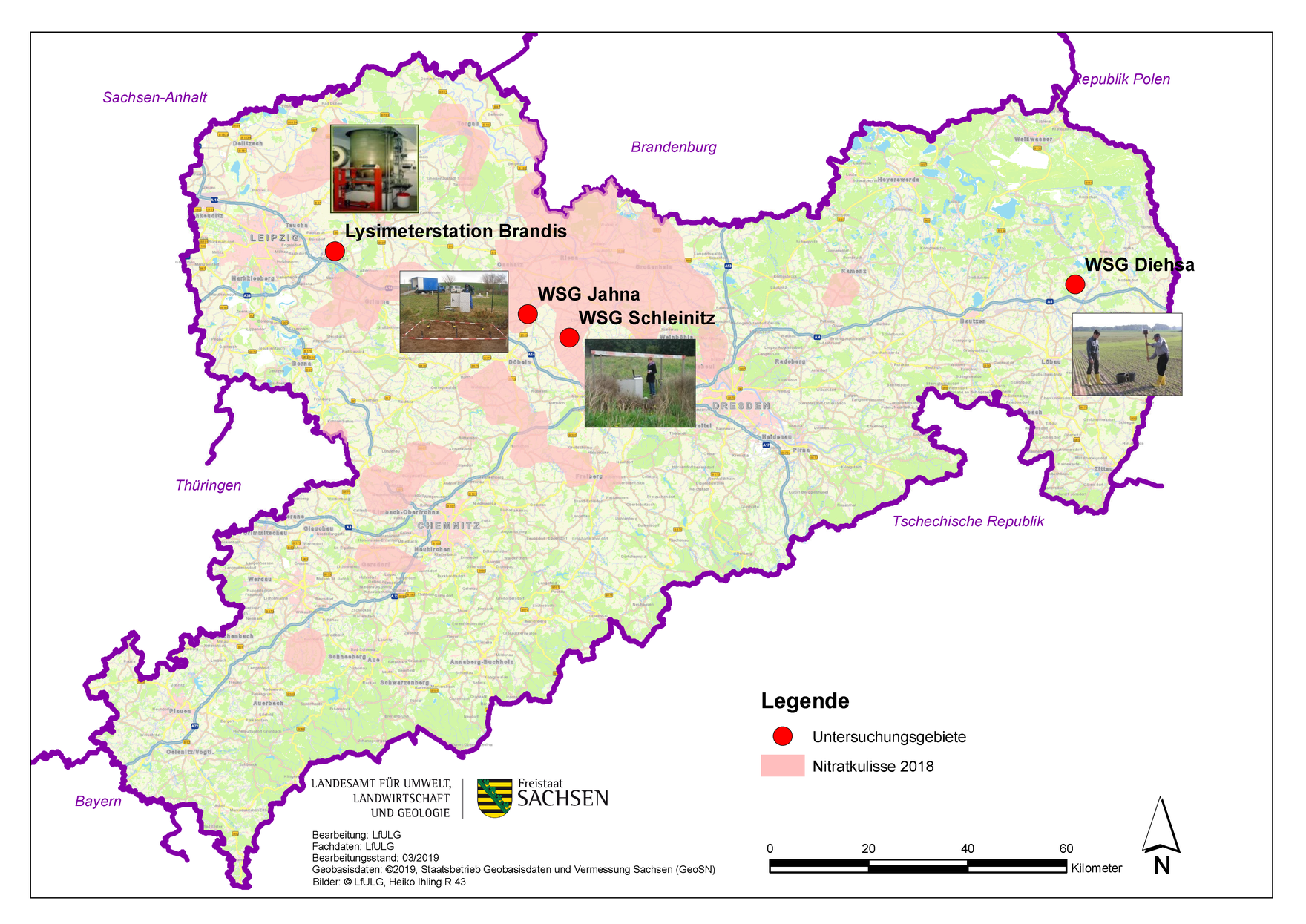 Lageplan zu den Untersuchungsgebieten (Nitrattransportmodellgebiete in Sachsen)